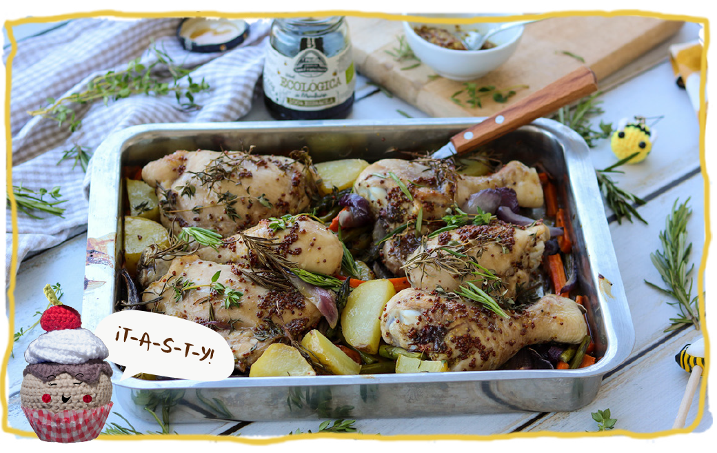 Pollo al horno con miel, mostaza, romero y tomillo, bodegón