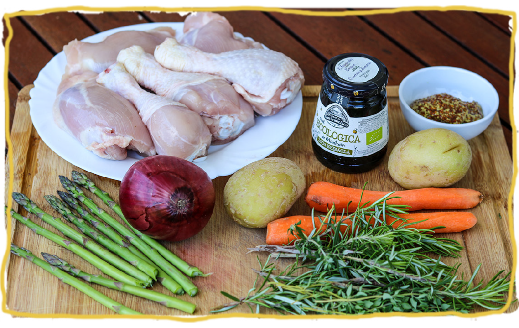 Pollo al horno con miel, mostaza, romero y tomillo, ingredientes