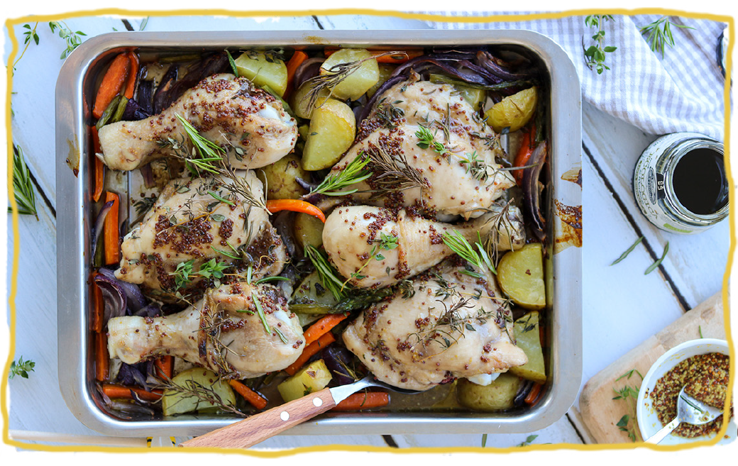 Pollo al horno con miel, mostaza, romero y tomillo, receta