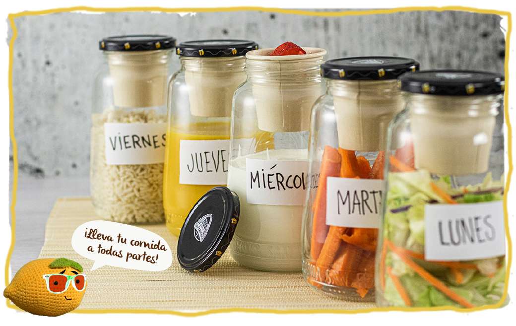 Frascos de miel como fiambreras, bodegón